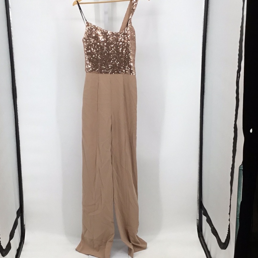 Black Halo Sequin One-Shoulder Jumpsuit in Tan